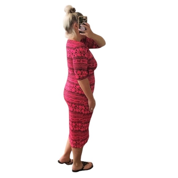Neon Pink Boho Tribal Graphic Stretch Sexy Midi Dress Small Medium Large - Picture 3 of 4